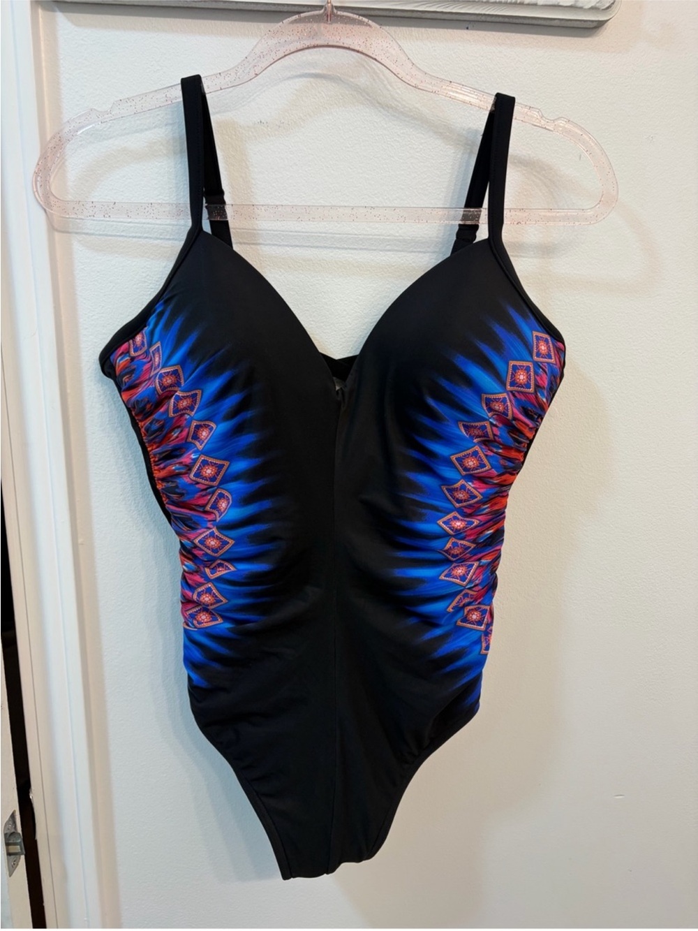 Miraclesuit Black One-Piece Swimsuit with Blue and Red Accent Print